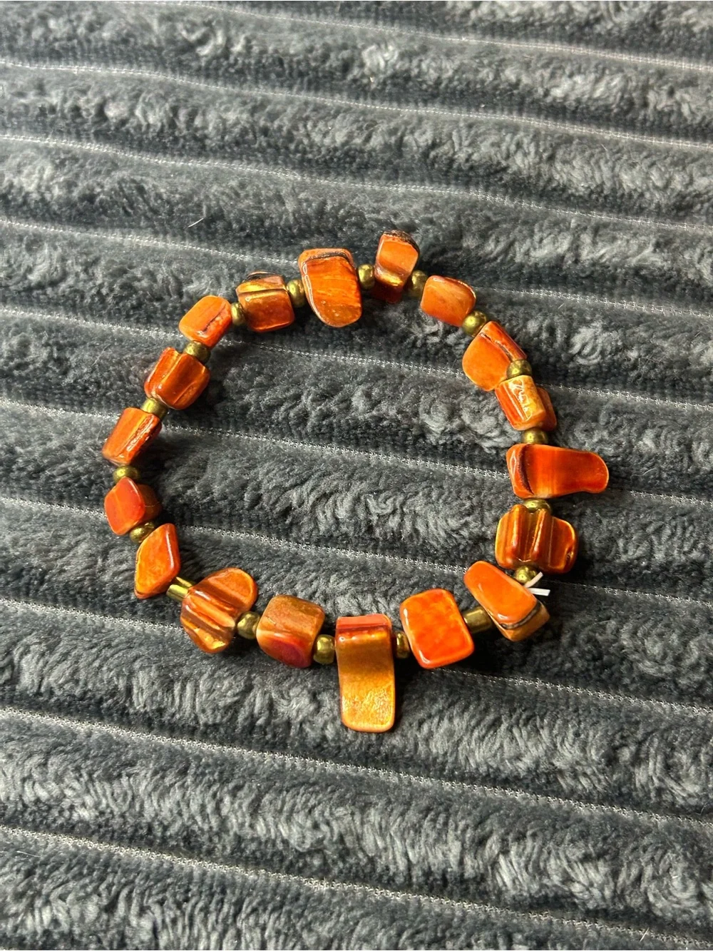 Vibrant Burnt Orange Organic-Cut Beaded Stretch Bracelet - Iridescent Boho